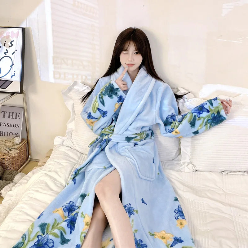 Cute Flannel Bathrobe Gown Elegant Flower Print Kimono Lady Autumn Winter Nightwear Loose Robe Soft Loungewear Home Clothes