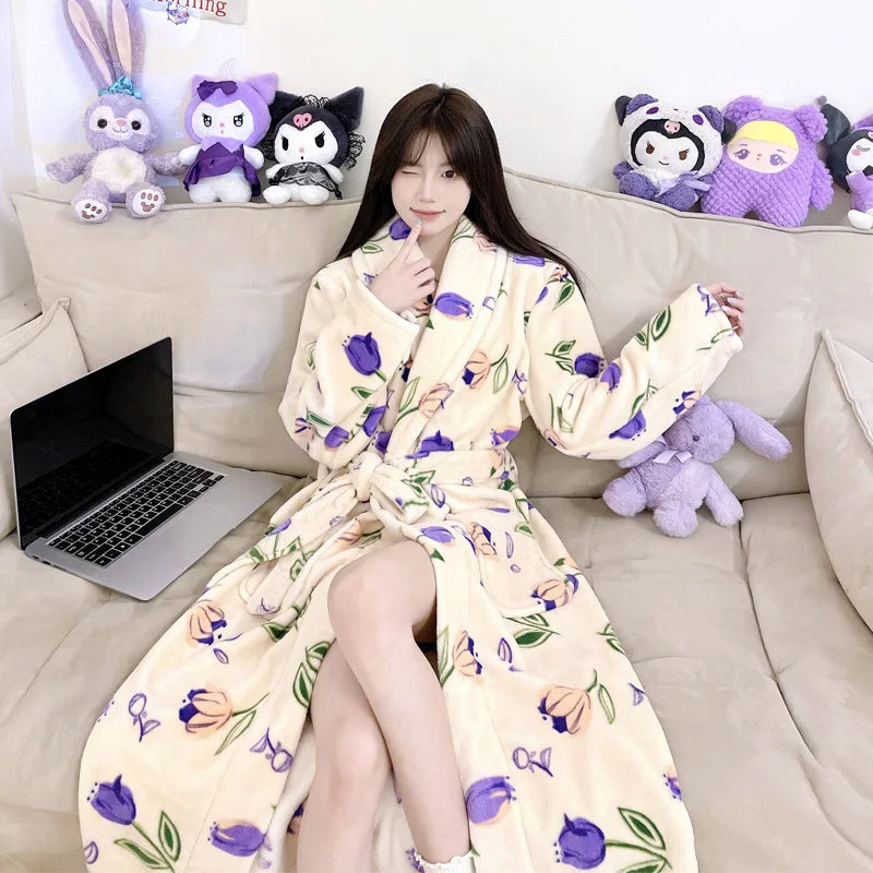 Cute Flannel Bathrobe Gown Elegant Flower Print Kimono Lady Autumn Winter Nightwear Loose Robe Soft Loungewear Home Clothes