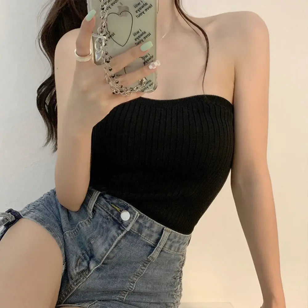 Ribbed Knit Tube Top Casual Strapless Bandeau Slim Fit Sleeveless Vest Sleeveless Sexy Tank Tops Women