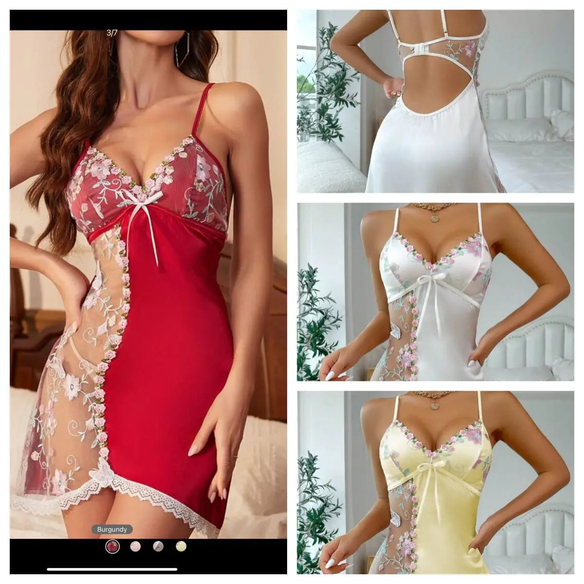 Women Nightgowns Sheer Embroidered Mesh & Satin Deep-V Chemise Nightgown Nightwear Dresses Sexy Lingerie Gown Housewear Robe