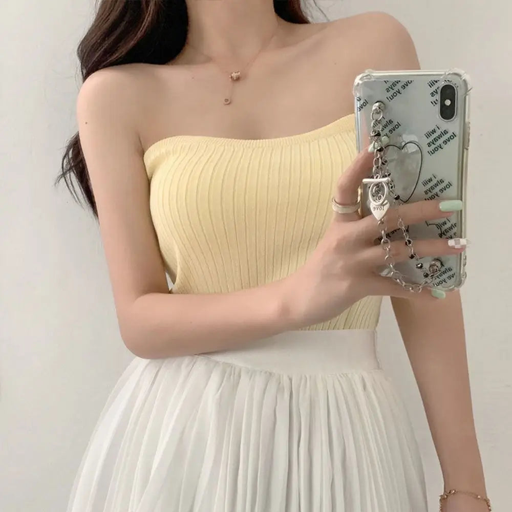 Ribbed Knit Tube Top Casual Strapless Bandeau Slim Fit Sleeveless Vest Sleeveless Sexy Tank Tops Women