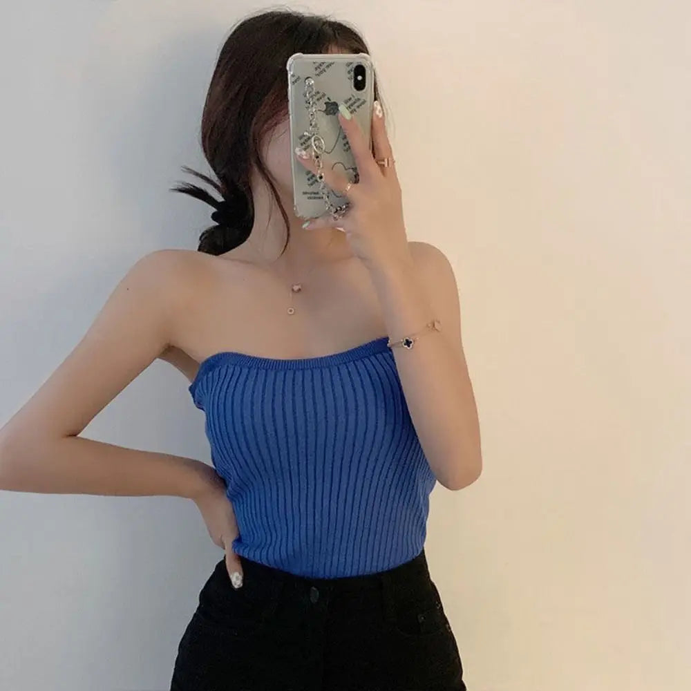 Ribbed Knit Tube Top Casual Strapless Bandeau Slim Fit Sleeveless Vest Sleeveless Sexy Tank Tops Women
