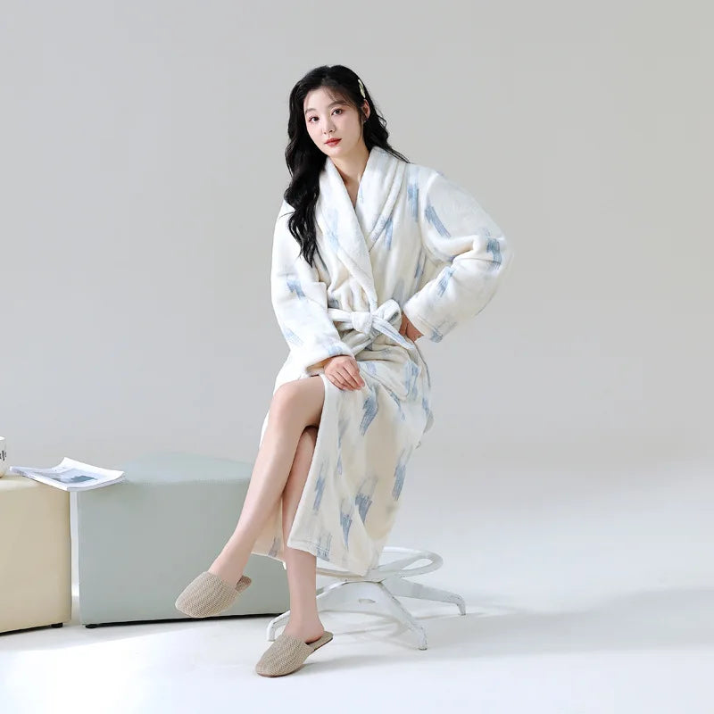 Cute Flannel Bathrobe Gown Elegant Flower Print Kimono Lady Autumn Winter Nightwear Loose Robe Soft Loungewear Home Clothes