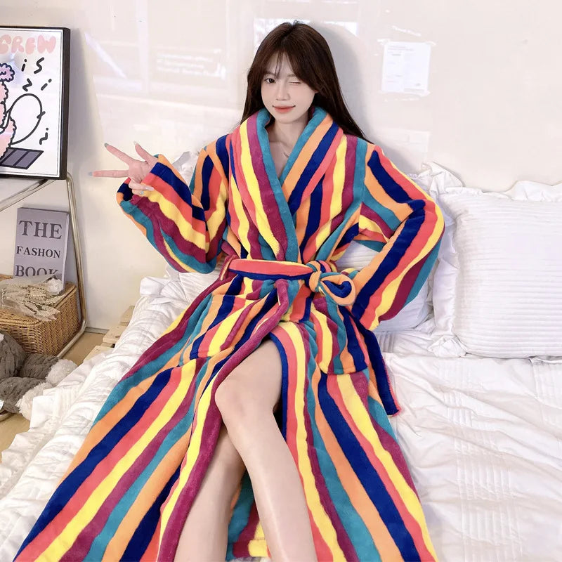Cute Flannel Bathrobe Gown Elegant Flower Print Kimono Lady Autumn Winter Nightwear Loose Robe Soft Loungewear Home Clothes