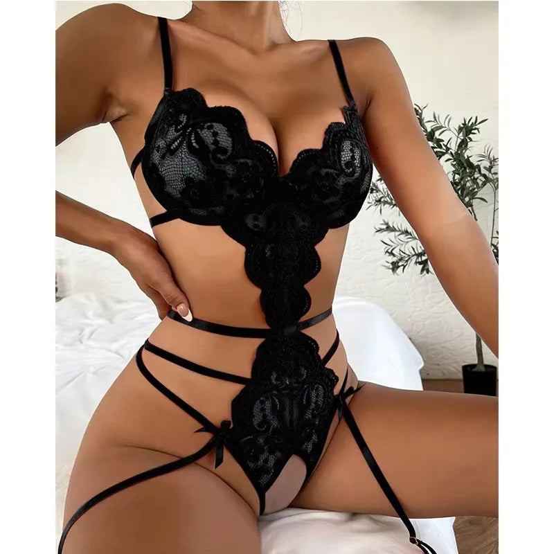 Hot Erotic Sexy Lingerie Set Women Push Up Bra Garter Set Lace Backless Straps Transparent Underwear Sets Plus Size Lenceria