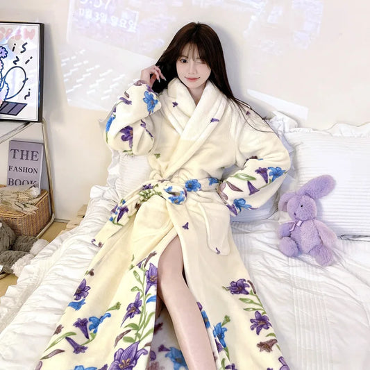 Cute Flannel Bathrobe Gown Elegant Flower Print Kimono Lady Autumn Winter Nightwear Loose Robe Soft Loungewear Home Clothes