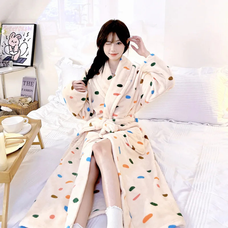 Cute Flannel Bathrobe Gown Elegant Flower Print Kimono Lady Autumn Winter Nightwear Loose Robe Soft Loungewear Home Clothes