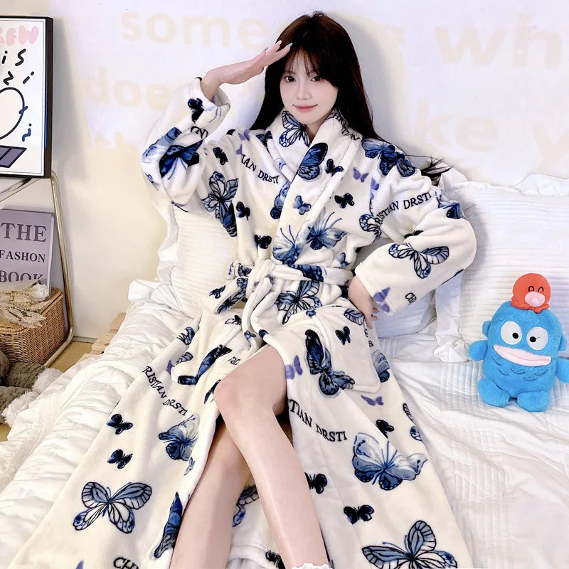 Cute Flannel Bathrobe Gown Elegant Flower Print Kimono Lady Autumn Winter Nightwear Loose Robe Soft Loungewear Home Clothes