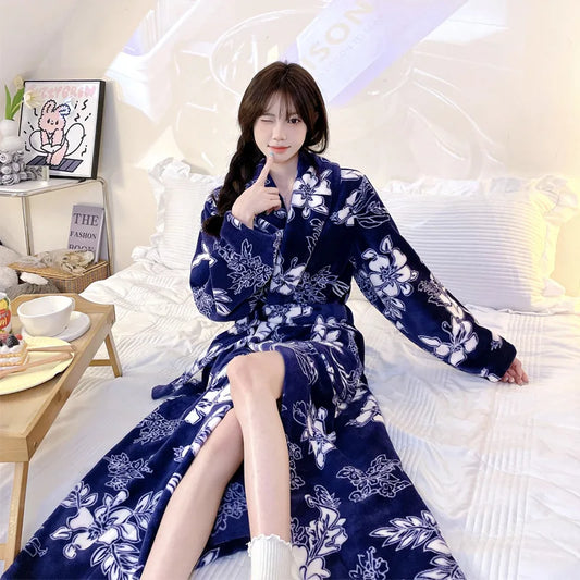Cute Flannel Bathrobe Gown Elegant Flower Print Kimono Lady Autumn Winter Nightwear Loose Robe Soft Loungewear Home Clothes