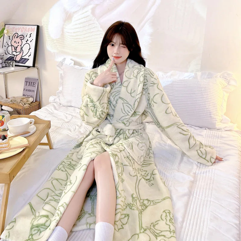 Cute Flannel Bathrobe Gown Elegant Flower Print Kimono Lady Autumn Winter Nightwear Loose Robe Soft Loungewear Home Clothes