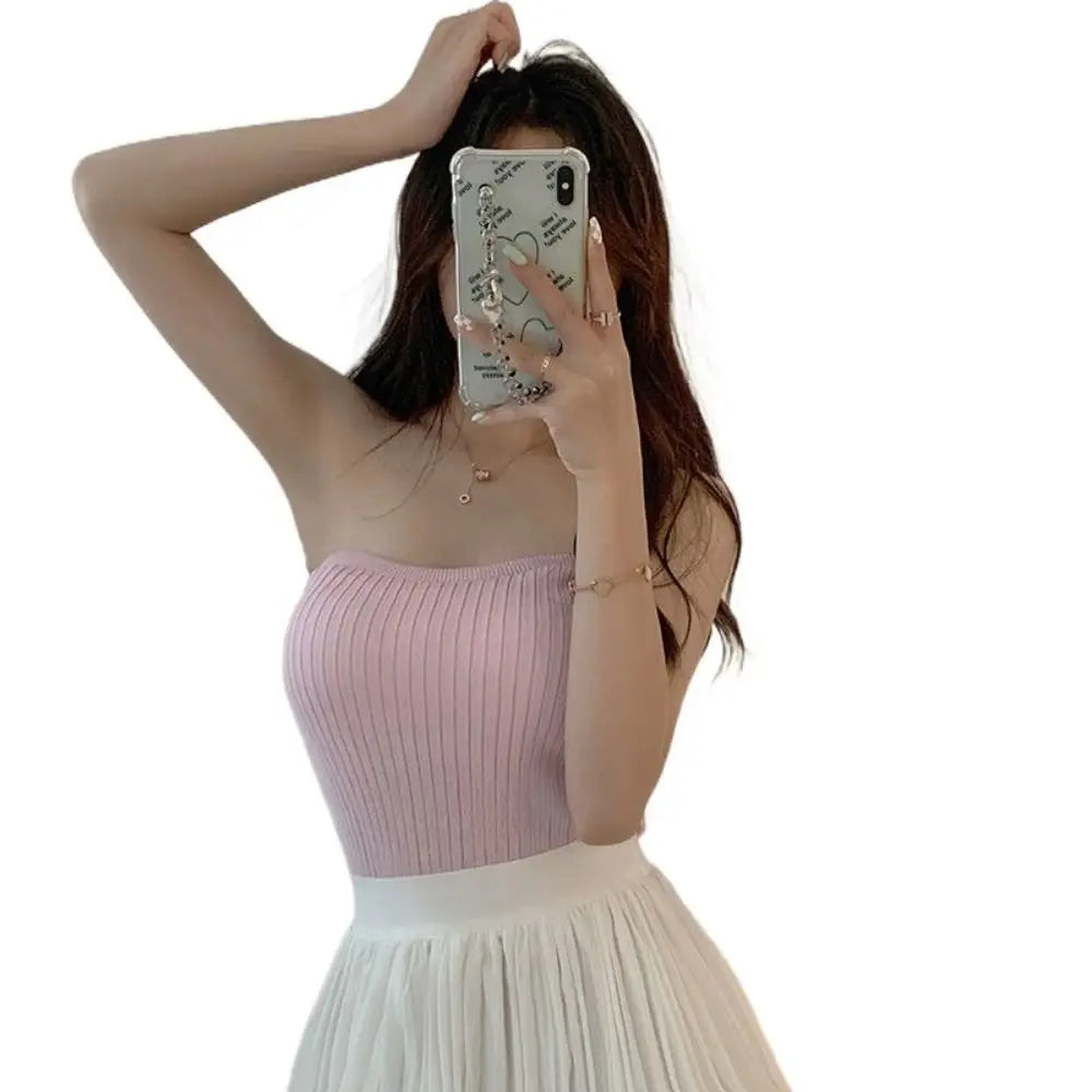 Ribbed Knit Tube Top Casual Strapless Bandeau Slim Fit Sleeveless Vest Sleeveless Sexy Tank Tops Women