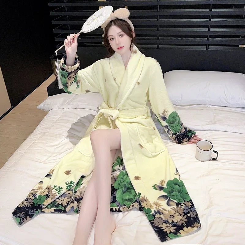 Cute Flannel Bathrobe Gown Elegant Flower Print Kimono Lady Autumn Winter Nightwear Loose Robe Soft Loungewear Home Clothes