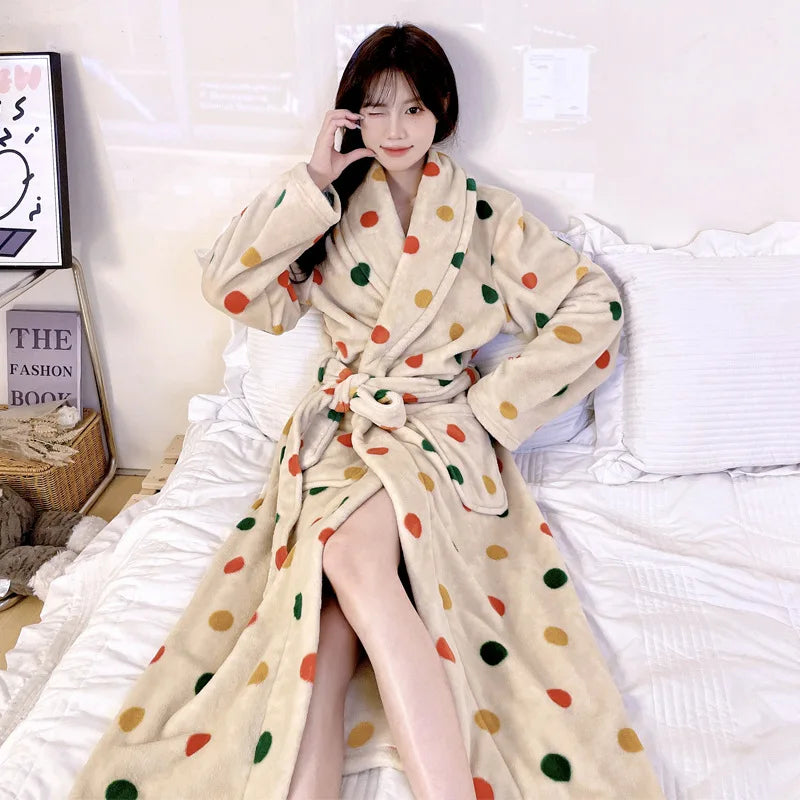 Cute Flannel Bathrobe Gown Elegant Flower Print Kimono Lady Autumn Winter Nightwear Loose Robe Soft Loungewear Home Clothes