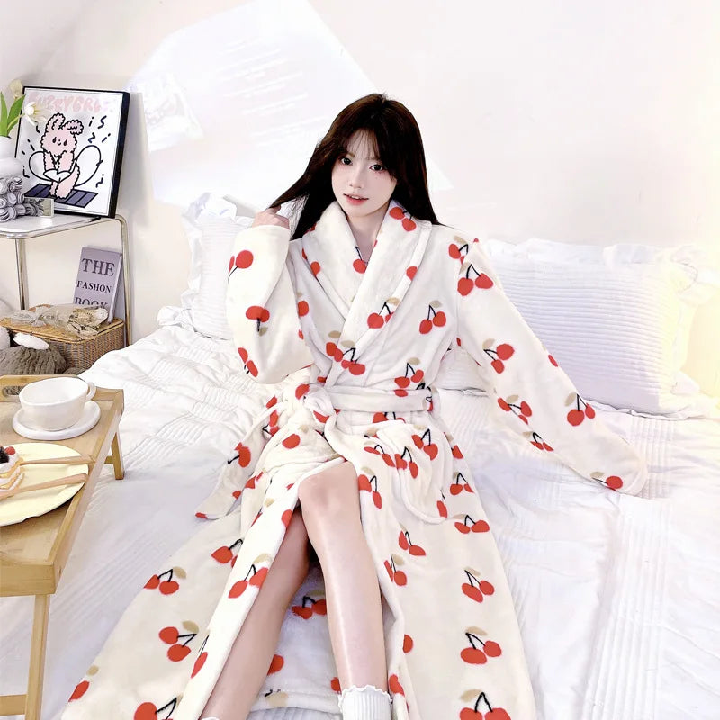 Cute Flannel Bathrobe Gown Elegant Flower Print Kimono Lady Autumn Winter Nightwear Loose Robe Soft Loungewear Home Clothes