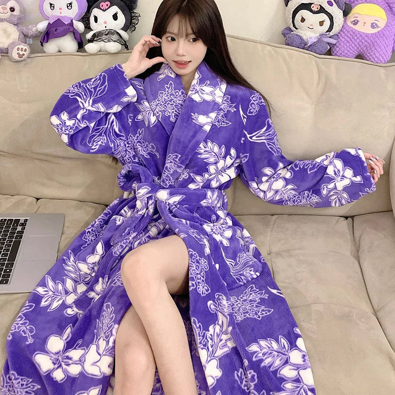 Cute Flannel Bathrobe Gown Elegant Flower Print Kimono Lady Autumn Winter Nightwear Loose Robe Soft Loungewear Home Clothes