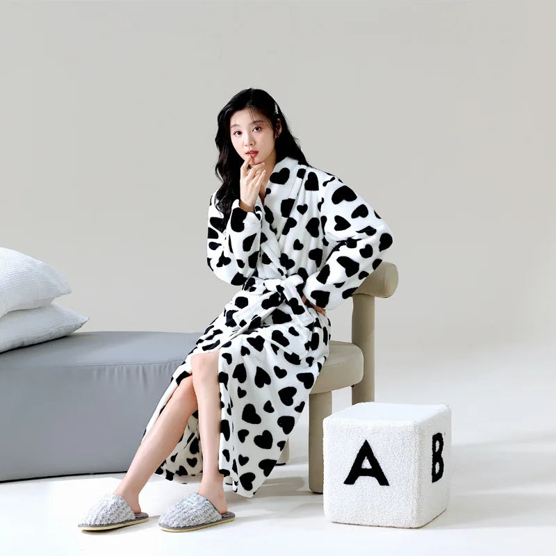 Cute Flannel Bathrobe Gown Elegant Flower Print Kimono Lady Autumn Winter Nightwear Loose Robe Soft Loungewear Home Clothes