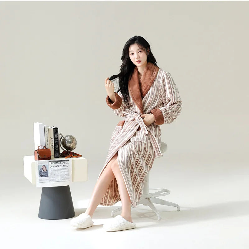 Cute Flannel Bathrobe Gown Elegant Flower Print Kimono Lady Autumn Winter Nightwear Loose Robe Soft Loungewear Home Clothes