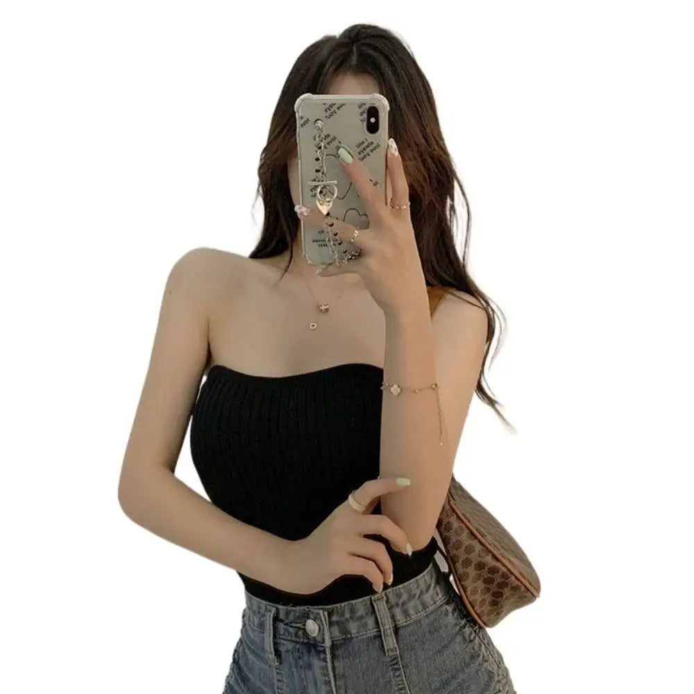 Ribbed Knit Tube Top Casual Strapless Bandeau Slim Fit Sleeveless Vest Sleeveless Sexy Tank Tops Women