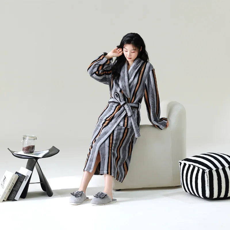 Cute Flannel Bathrobe Gown Elegant Flower Print Kimono Lady Autumn Winter Nightwear Loose Robe Soft Loungewear Home Clothes
